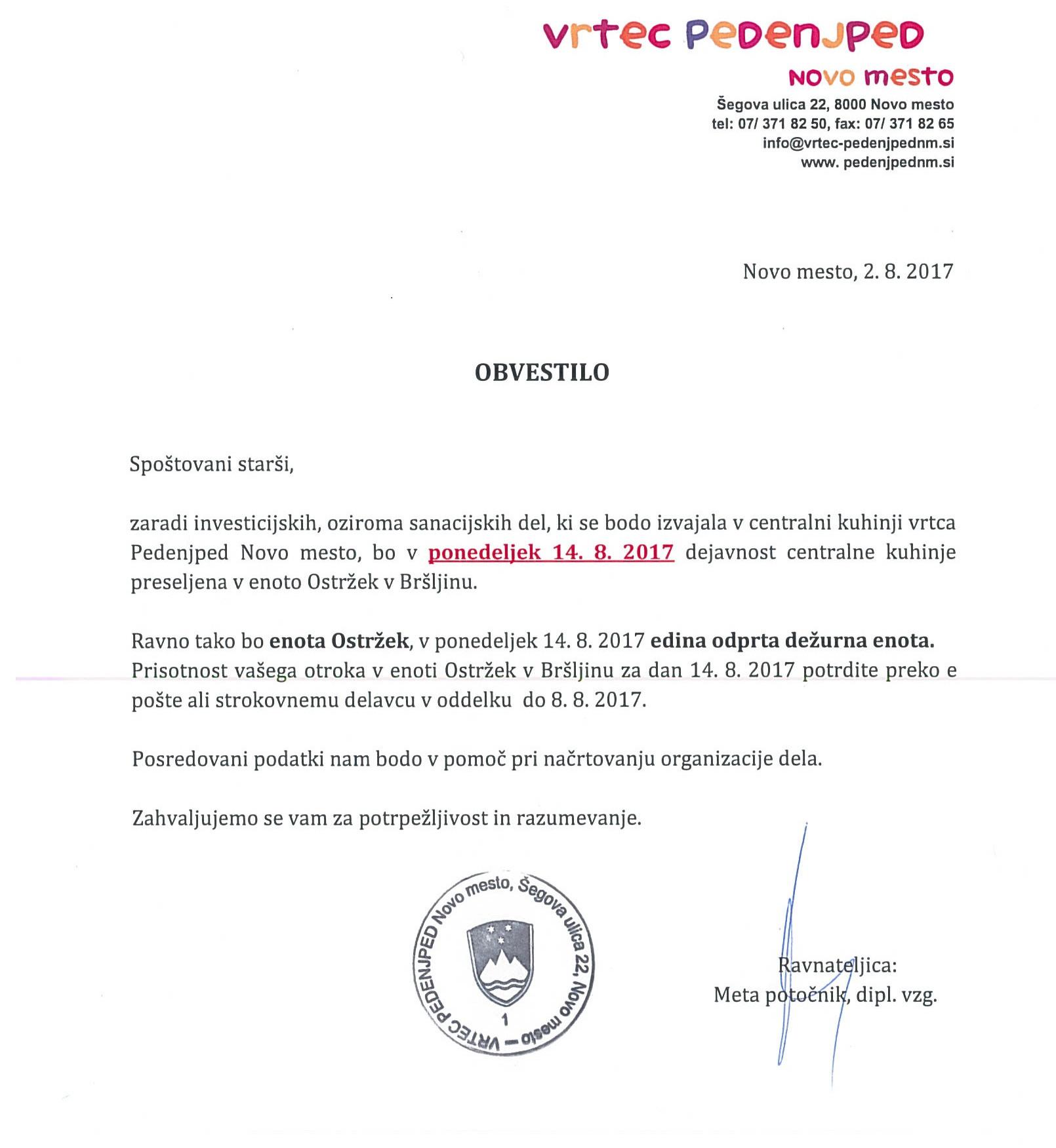 Obvestilo za starše